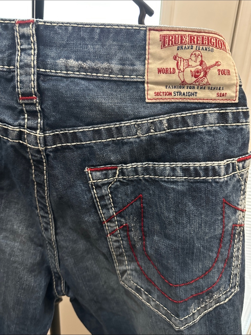 True Religion Men's Faded Blue Straight Jeans with Red Stitching
